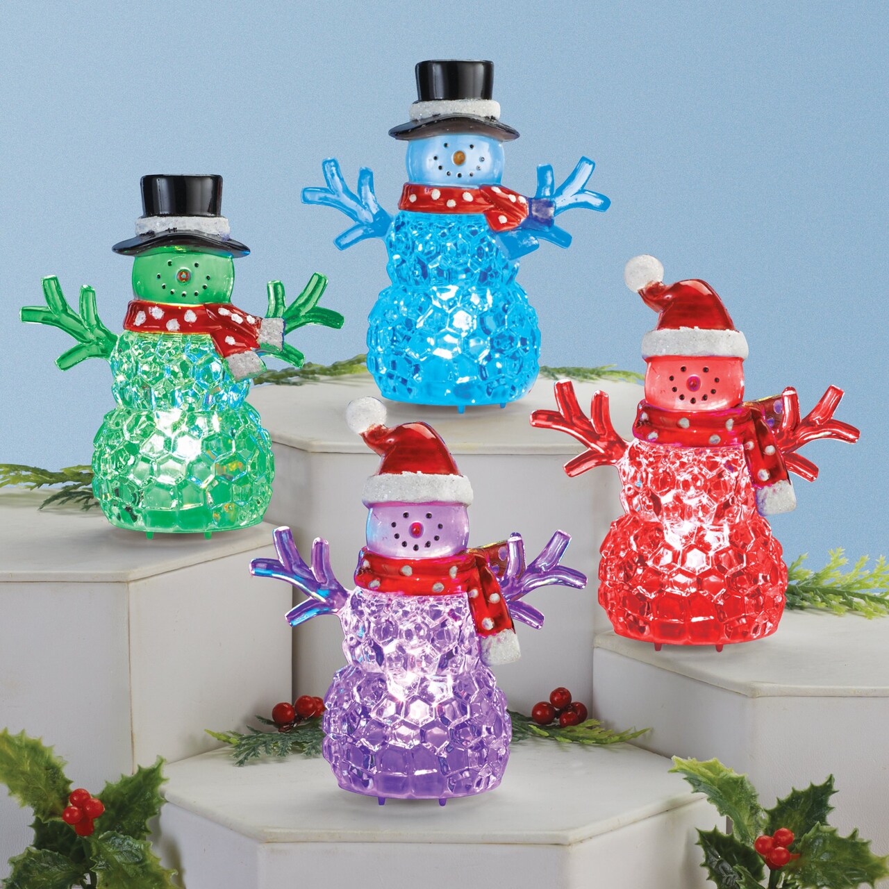 Collections Etc Festive LED Lighted Color-Changing Snowmen - Set of 4